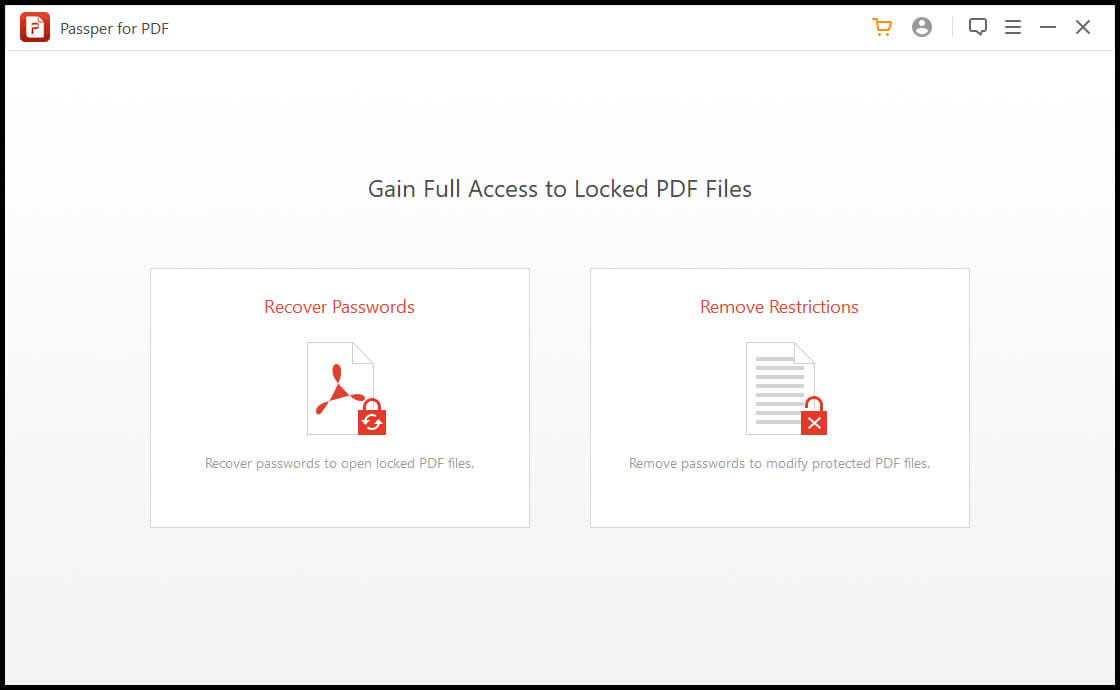 Hlavná ponuka aplikácie Passper pre PDF Cracker