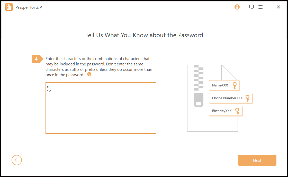 เลือกอักขระที่อาจรวมอยู่ในรหัสผ่าน ZIP