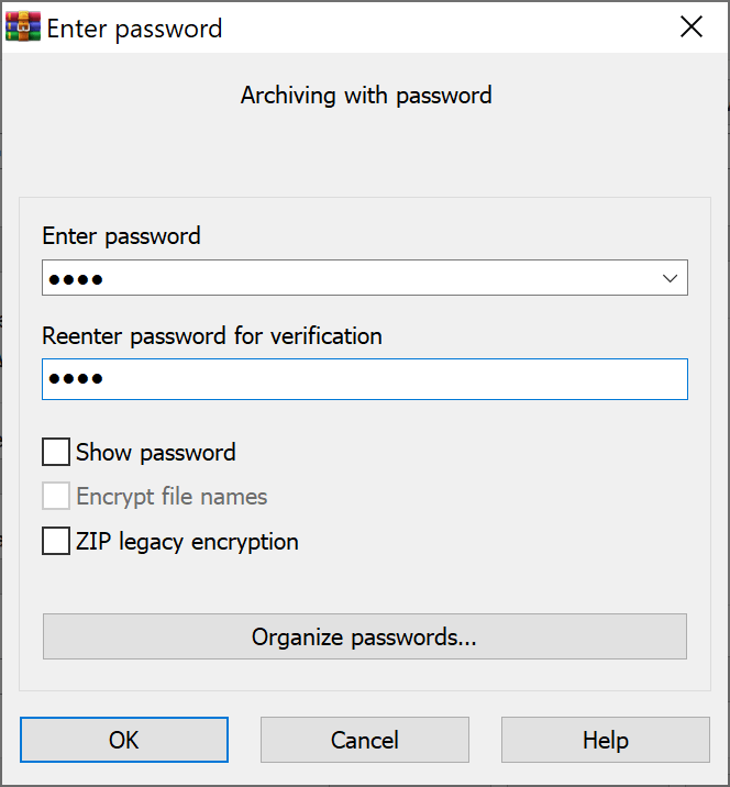 输入密码以使用 WinRAR 保护 Z​​IP