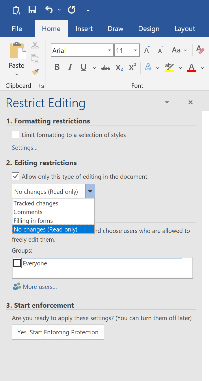 Word Document Editing Restrictions