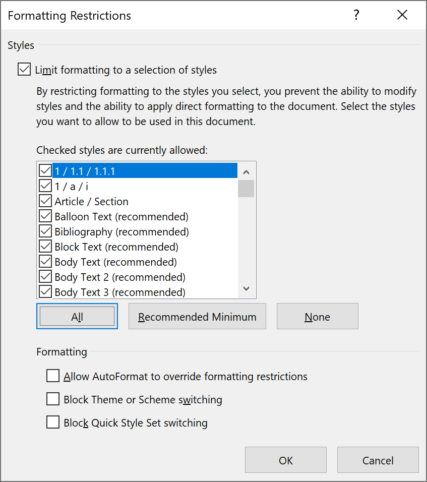 Word Formatting restrictions Settings